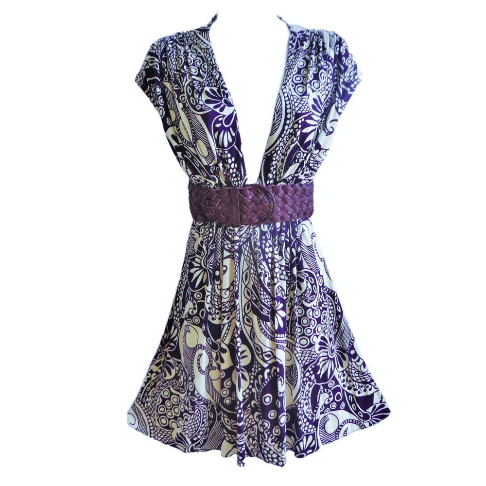 SiLK Knit Sky USA Purple White Floral Wide Basket Weave Belt Plunging V Neck M